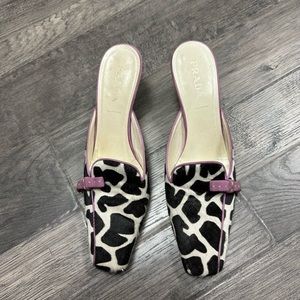 Prada pony hair animal printed mules kitten heel